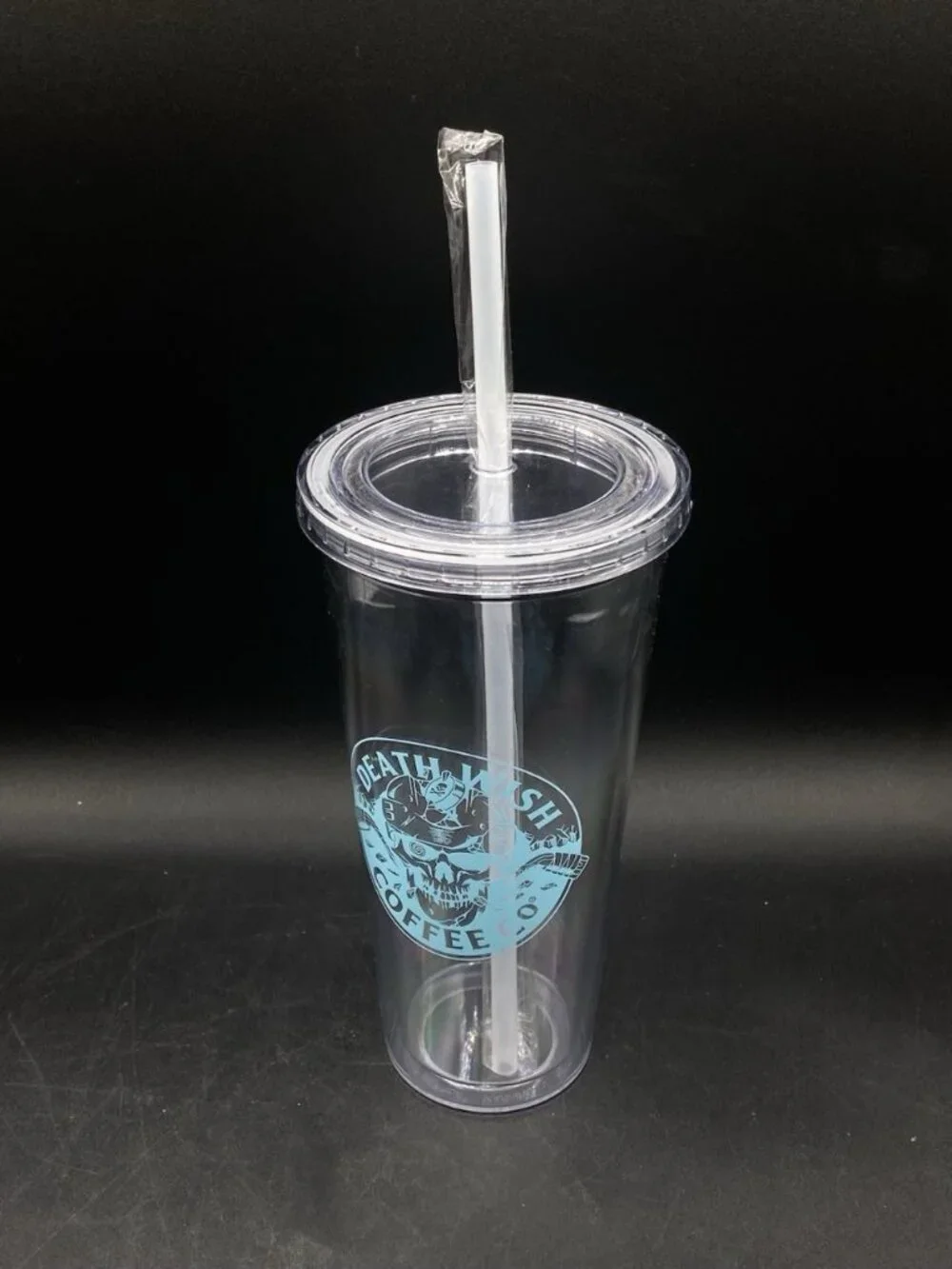 Death Wish Coffee Clear Large Plastic Tumbler With Straw NEW